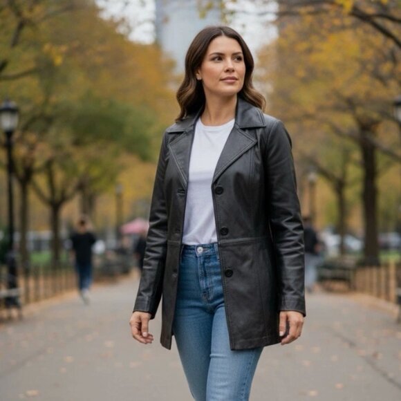 Women Jacket NINE WEST Genuine Leather Coat Black Long Sleeve Button Front Coat - Picture 1 of 10